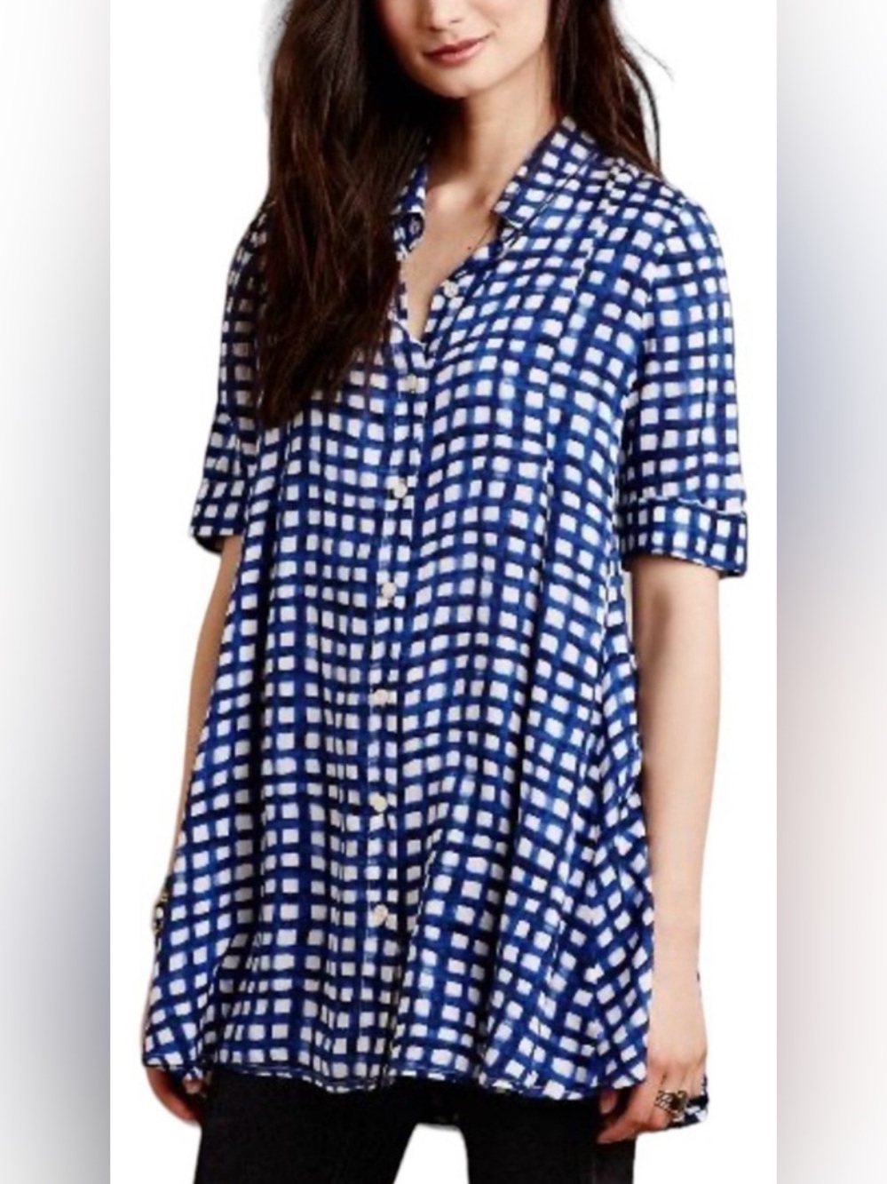 Anthropologie 11.1.Tylho Adanne Blue & White Gingham Tunic Top Short Sleeves - L